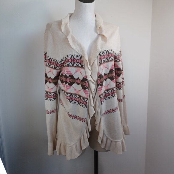 Pendleton Cardigan Ruffle Waterfall Style Cotton Aztec Neutral Print Women Large - Picture 2 of 15